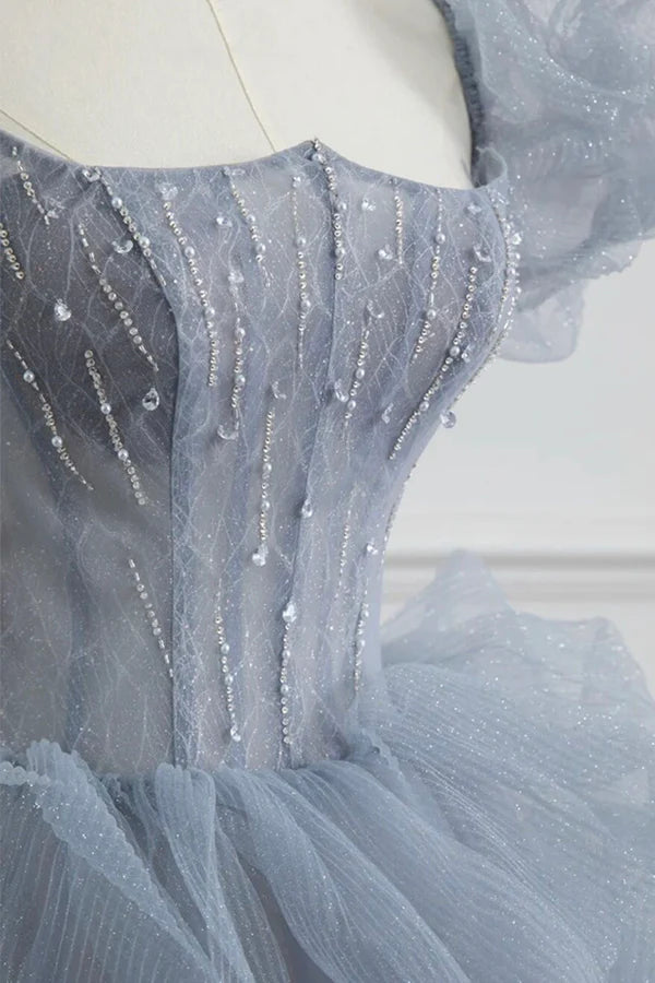 Wholesale Gray Tulle Long A-Line Prom Dress Gray Short Sleeve Evening Dress